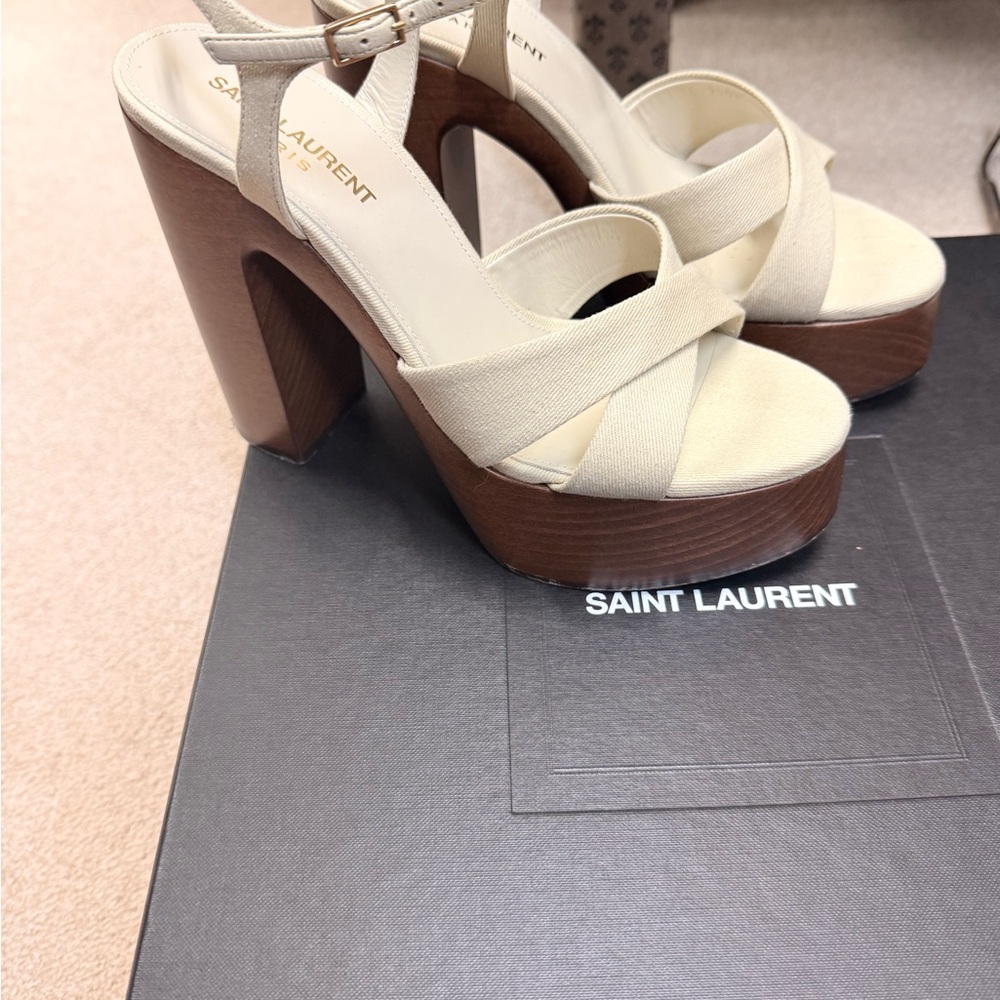 Size 37.5 Saint Laurent Bianca Beige Canvas 85 Platform Sandals
